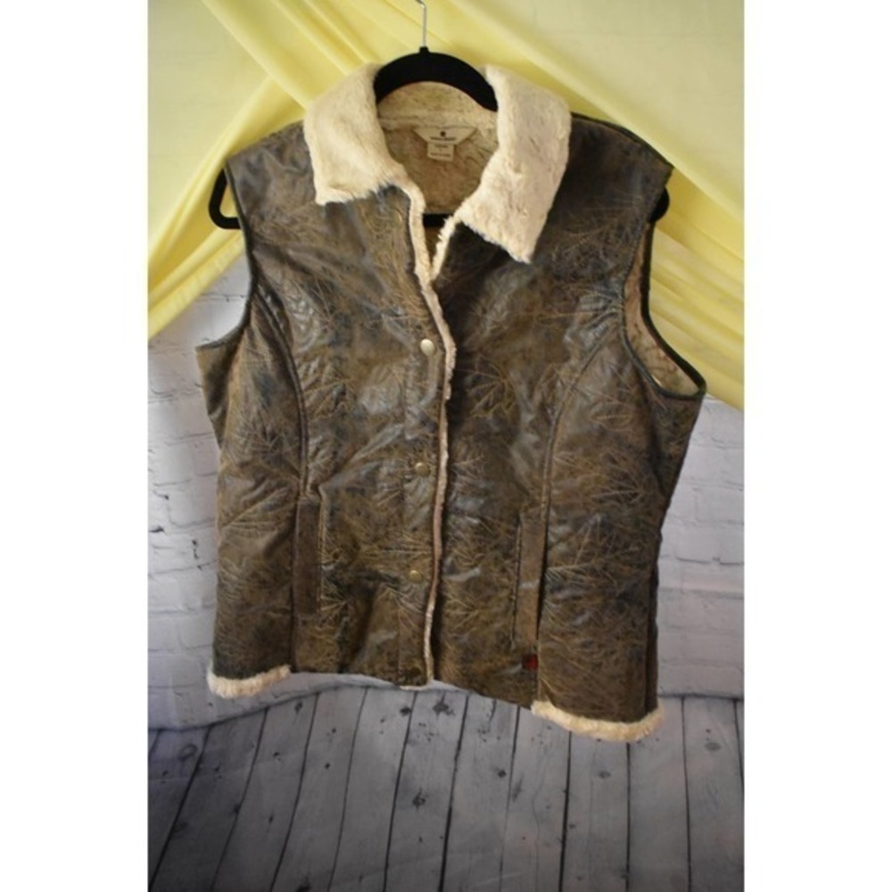 Woolrich Faux Leather Vest Sherpa Lined Leaf Stitching Woman's Size L‎